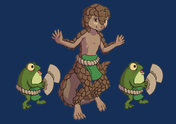 anthro biped bottomwear brown_body brown_scales claws closed_smile clothed clothing countershade_torso countershading dancing digitigrade eyelashes green_body green_eyes green_skin group holding_fan loincloth loincloth_only looking_at_viewer male mouth_closed scales smile tan_body tan_countershading tan_skin toe_claws topless topless_male trio yellow_sclera minum dota valve amphibian frog mammal pangolin toad_(frog) 2026 absurd_res alpha_channel hi_res