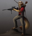 anthro archer arrow_(weapon) belt big_tail biped blue_eyes bottomwear bow_(weapon) claws clothed clothing digitigrade fangs feet fur gun hair hat headgear headwear hindpaw holding_gun holding_object holding_ranged_weapon holding_weapon jacket knife kukri long_hair long_tail male markings mouth_hold muscular muscular_anthro muscular_male pants paws quiver_(object) ranged_weapon realistic rifle rock sabertooth_(anatomy) shirt simple_background slouch_hat sniper solo standing tail teeth topwear weapon kasia88 sythgara agentdiego007 team_fortress_2 valve artyom_(agentdiego007) sniper_(team_fortress_2) domestic_cat felid feline felis mammal prehistoric_species saber-toothed_tiger 2011 absurd_res hi_res