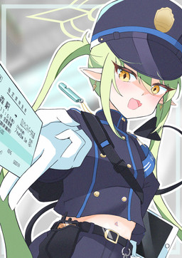 backpack blue_bottomwear blue_clothing blue_hat blue_headwear blue_pants blue_shirt blue_topwear blush bottomwear clothing cute_fangs ear_piercing ear_ring electronics fangs female gloves green_hair hair halo handwear hat headgear headwear holding_ticket navel open_mouth pants piercing pointy_ears prick_ears radio raised_tail ring_piercing shirt tablet tail teeth topwear whistle_(object) white_clothing white_gloves white_handwear yellow_eyes young young_female young_humanoid yomogimochi_13 blue_archive nexon nozomi_(blue_archive) demon demon_humanoid humanoid absurd_res hi_res