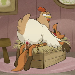 animal_genitalia animal_penis anthro anthro_on_feral avian_butt balls bestiality bodily_fluids canine_genitalia canine_penis cloaca cloacal cloacal_penetration cum cum_in_cloaca cum_inside dominant dominant_female dominant_feral duo eyes_closed fangs feathers female feral feral_penetrated furniture genital_fluids genitals half-closed_eyes hay inside interspecies looking_back looking_down looking_pleasured male male/female motion_lines narrowed_eyes open_mouth orgasm orgasm_face penetration penis picture_frame rug sex stool submissive submissive_anthro submissive_male sweat tail tail_feathers teeth tongue tongue_out toothy_smile vaginal vulva whisker_spots wooden_box lonbluewolf the_big_bad_fox_and_other_tales chicken_(the_big_bad_fox_and_other_tales) fox_(the_big_bad_fox_and_other_tales) avian bird canid canine chicken fox galliform mammal phasianid 1:1 2026 hi_res