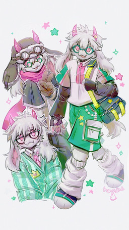 accessory ambiguous_gender anthro bag blush blush_lines bottomwear claws clothing eyewear fangs floppy_ears fur furgonomics gesture glasses gloves hair hand_gesture handwear hat headgear headwear horn horn_accessory legwear looking_at_viewer necktie open_mouth pawpads paws pink_eyes shorts solo sparkles star_symbol teeth v_sign white_body white_fur white_hair bunsidhe deltarune undertale_(series) ralsei bovid caprine mammal 2026 9:16 hi_res signature male_(lore)