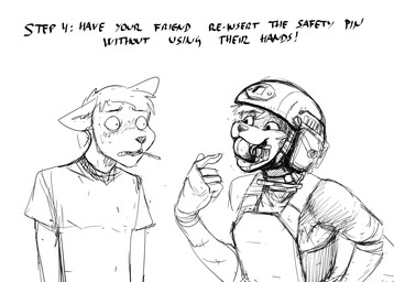 anthro arm_scar bite bodily_fluids bulletproof_vest clothing dangerous death_play duo explosives female gesture grenade grenade_in_mouth grenade_pin hand_gesture imminent_explosion male military_helmet nervous nervous_sweat object_in_mouth pointing pointing_at_self scar scared solo sweat sweaty_face text weapon wide_eyed worried hladilnik daniel_(hladilnik) samantha_thott canid canine canis domestic_dog mammal wolf 2025 black_and_white comic english_text hi_res monochrome sketch