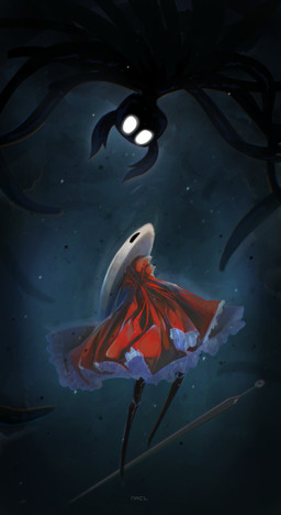 2_horns ambiguous_gender biped black_body black_eyes cloak clothed clothing duo empty_eyes horn looking_at_another melee_weapon red_cloak red_clothing text weapon white_eyes nacl hollow_knight:_silksong hollow_knight_(franchise) team_cherry hornet_(hollow_knight) the_knight_(hollow_knight) arthropod shadow_creature 2025 artist_name english_text hi_res half_sister_(lore) sibling_(lore) sister_(lore)