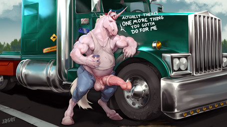 animal_genitalia animal_penis anthro balls beverage big_penis biped bodily_fluids bottomwear cigarette clothed clothing denim denim_bottomwear denim_clothing detailed_background equine_genitalia equine_penis erection fur genital_fluids genitals hair hat headgear headwear holding_beverage holding_cigarette holding_object hooves horn huge_penis jeans male male_anthro medial_ring musclegut muscular muscular_anthro muscular_male open_bottomwear open_clothing open_pants pants penis pink_penis shirt solo standing talking_to_viewer tank_top text topwear truck trucker trucker_hat urine vehicle white_body white_fur white_hair laser_(artist) mythology equid equine mammal mythological_creature mythological_equine unicorn 16:9 2025 digital_media_(artwork) english_text hi_res widescreen