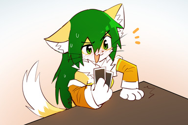 4_fingers anthro blush blush_lines card clothing ear_tuft female fingers furniture gradient_background green_eyes green_hair hair open_mouth playing_card simple_background solo table tuft sollyz sundyz domestic_cat felid feline felis mammal 2020