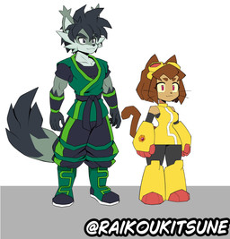 anthro duo female male male/female raikoukitsune gameoverse glitch_productions kit_bodega rakurai_senku_(raikoukitsune) canid canine felid fox mammal storm_kitsune full-length_portrait hi_res model_sheet portrait