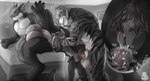 anal anal_penetration anal_vore anthro balls bed big_balls big_penis bodily_fluids cum feet foot_fetish foot_play footjob furniture genital_fluids genitals group male male/male male_pred male_prey penetration penetration_tunneling penis sex size_difference sound_effects text trio vore nolow mythology dragon felid mammal mythological_creature mythological_scalie pantherine scalie tiger hi_res