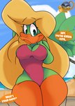 anthro beach beak big_breasts blonde_hair breasts cleavage clothed clothing curvy_figure detailed_background dialogue feathers female green_body green_eyes green_feathers hair hourglass_figure huge_breasts leotard looking_at_viewer non-mammal_breasts one-piece_swimsuit orange_body orange_skin sea seaside sitting smile solo swimwear talking_to_viewer text thick_thighs voluptuous water wide_hips inkit89 tiny_toon_adventures warner_brothers plucky's_dream_girl anatid anseriform avian bird duck 2021 absurd_res digital_media_(artwork) english_text hi_res