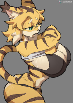 anthro biped bra breasts butt clothed clothed_anthro clothed_female clothing female fingers fur hair simple_background solo standing stripes tail teeth tongue underwear cooliehigh cygames world_flipper mia_(world_flipper) felid mammal pantherine tiger 2026 digital_drawing_(artwork) digital_media_(artwork) hi_res