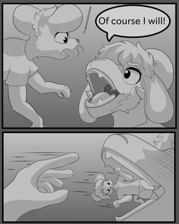 anthro duo male male/male open_mouth oral_vore scared simple_background speech_bubble text thrown_in_mouth unwilling_prey vore kolev_art kolev_of_astora bovid caprine mammal murid murine rat rodent sheep 4:5 comic hi_res monochrome
