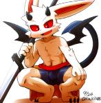 anthro bulge crouching looking_at_viewer male melee_weapon nipples open_mouth red_sclera shota smile solo sword weapon young km_kitune demon lagomorph leporid mammal rabbit