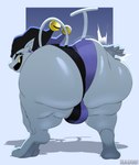 absurd_res bent_over big_butt bulge butt butt_focus butt_slap clothing deltarune ear_piercing ear_ring fool's_hat grey_body hat headgear headwear hi_res huge_butt humanoid imp jester jevil_(deltarune) looking_at_viewer looking_back looking_back_at_viewer male not_furry open_mouth open_smile piercing presenting presenting_hindquarters ring_piercing satsui-n0-had0u simple_background slap slightly_chubby smile solo tail undertale_(series) underwear