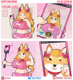 accessory big_breasts black_eyes blonde_hair bottomwear breasts cellphone clothing crop_top electronics eyelashes eyes_closed female gesture hair hair_accessory hair_ribbon hand_gesture holding_object holding_phone huge_breasts midriff miniskirt navel one_eye_closed phone pink_bottomwear pink_clothing pink_crop_top pink_shirt pink_skirt pink_topwear ribbons selfie selfie_stick shirt skirt smartphone smile solo text topwear v_over_eye v_sign wink onigiri_punch animal_humanoid canid canid_humanoid canine canine_humanoid canis dog_humanoid domestic_dog humanoid mammal mammal_humanoid absurd_res comic english_text hi_res