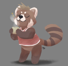 3_toes ambiguous_gender anthro beverage black_nose bottomless brown_body brown_fur brown_hair brown_inner_ear brown_tail chibi circle_eyebrows clothed clothing container cup eyebrows eyes_closed featureless_crotch feet fur grey_background hair markings multicolored_tail partially_clothed pink_clothing pink_shirt pink_topwear shirt simple_background sniffing solo sparkles steam striped_markings striped_tail stripes tail tail_markings toes topwear white_body white_ears white_fur minedoo minedoo_(character) ailurid mammal red_panda 2020 digital_media_(artwork) hi_res signature watermark