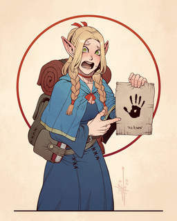 accessory backpack bent_arm biped blonde_hair blue_capelet blue_clothing blue_dress bodily_fluids braided_hair breasts capelet choker circle_(marking) clothed clothing collarbone dress eyebrows female fingernails gesture green_eyes grimoire hair hair_accessory hair_ribbon hand_gesture hand_print hiking_gear holding_object holding_paper humanoid_pointy_ears jewelry light_body light_skin long_hair looking_at_viewer nails necklace open_mouth paper pigtails pointing pointing_at_object pointy_ears pose red_ribbon ribbons scared simple_background small_iris solo standing stiching sweat sweatdrop tan_background teeth text thick_eyebrows tongue writing_on_paper joseph_virtuoso delicious_in_dungeon microsoft the_elder_scrolls marcille_donato elf humanoid 2024 4:5 absurd_res colored digital_drawing_(artwork) digital_media_(artwork) english_text flat_colors hi_res icon portrait signature three-quarter_portrait