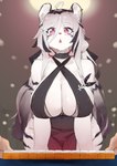 anthro big_breasts blush breasts cleavage clothed clothing ear_piercing ear_ring female fur hair kemono mahjong open_mouth piercing ring_piercing side_boob side_slit side_slit_clothing side_slit_dress tail thick_thighs topwear white_body white_fur wide_hips buta99 mahjong_soul hannah_(mahjong_soul) felid mammal pantherine tiger absurd_res hi_res