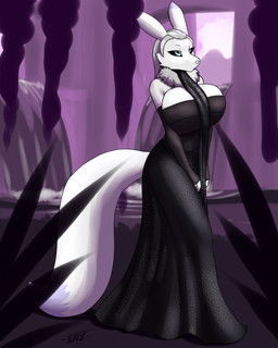 anthro big_breasts blue_eyes breasts clothing dark_sclera dress female forest fur grey_body grey_fur neck_floof plant purple_body purple_fur scarf solo tree waterfall white_body white_fur furball bandai_namco digimon mirelle_(magicalmirelle) canid canine digimon_(species) fox mammal renamon 4:5 hi_res