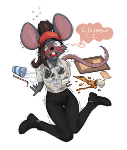 4_fingers anthro biped blush bodily_fluids bottomwear breasts brown_hair claws clothed clothed_anthro clothed_female clothing dialogue female finger_claws fingers footwear front_view fully_clothed fully_clothed_anthro fully_clothed_female fur grey_body grey_fur hair hat headgear headwear looking_at_viewer looking_up looking_up_at_viewer open_mouth orange_eyes pants shirt shoes simple_background sitting solo speech_bubble tail talking_to_viewer tears teeth text tongue topwear wet wet_clothing wet_shirt wet_topwear whiskers white_background nulia ratricia_(el-k) mammal mouse murid murine rodent 2026 digital_drawing_(artwork) digital_media_(artwork) english_text hi_res