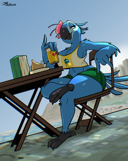 4_fingers accessory anthro anthrofied beach beak beverage_can big_breasts blue_body blue_eyes blue_feathers brazil brazilian brazilian_flag breasts clothed clothing curvy_figure feathers female fingers flower flower_in_hair food fully_clothed hair hair_accessory low-angle_view midriff non-mammal_breasts plant rio_de_janeiro shirt solo tank_top thick_thighs topwear voluptuous voluptuous_anthro voluptuous_female wide_hips joaoppereiraus blue_sky_studios rio_(series) jewel_(rio) avian bird macaw neotropical_parrot parrot true_parrot 2025 hi_res