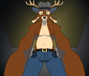 aggressive anthro antlers art_block bottomwear clothed clothing cowboy_hat denim denim_bottomwear denim_clothing flirting flirting_with_viewer hat headgear headwear horn jeans looking_at_viewer male pants partially_clothed pinned shirtless_male solo bnnuy_beans clay_the_deer deer mammal absurd_res hi_res