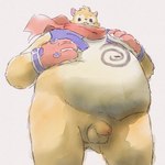 :3 anthro balls belly bottomless brown_body brown_fur clothed clothing flaccid foreskin fur genitals gloves handwear low-angle_view male navel overweight overweight_male penis scarf solo unretracted_foreskin apluss omega_strikers dubu_(omega_strikers) 1:1 hi_res