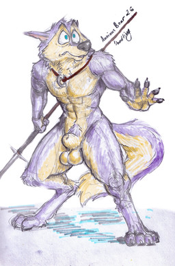 anthro balls genitals male melee_weapon nude polearm pose scared solo solo_focus spear weapon anxiousboar balto_(series) universal_studios star_(balto) canid canine canis domestic_dog husky mammal nordic_sled_dog spitz absurd_res hi_res traditional_media_(artwork)