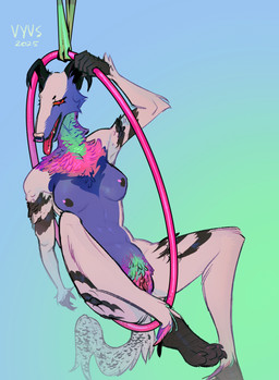 anthro black_body black_feathers blue_background blue_body breasts feathers female female_anthro genitals gradient_background green_background green_body green_feathers hoop multicolored_body nipples nude nude_anthro nude_female pink_body pink_feathers simple_background sitting solo tongue tongue_out vulva white_body white_feathers vyvs avian bird borzoi canid canine canis domestic_dog hunting_dog hybrid mammal sighthound hi_res nonbinary_(lore)