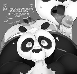 anthro ass_up bodily_fluids butt dialogue dominant dominant_male duo fellatio heart_symbol hypnosis larger_penetrated male male/male male_penetrated male_penetrating male_penetrating_male mind_control oral penetration penile penile_penetration saliva saliva_string sex size_difference slave spiral spiral_eyes submissive submissive_male tail tail_motion tailwag text hypnokoo dreamworks kung_fu_panda master_po_ping bear giant_panda mammal alternate_version_at_source english_text hi_res monochrome