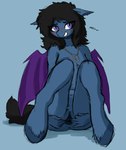 anthro anus blush female genitals looking_at_viewer nude presenting presenting_pussy pubes pussy simple_background sitting solo spread_pussy spreading text the-minuscule-task hasbro my_little_pony ipomoea_(oc) bat equid equine horse mammal pony hi_res