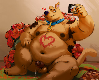 anthro areola armpit_hair belly biceps big_belly big_muscles big_pecs body_hair collar collar_tag deep_navel eyebrows genitals heart_symbol male manly muscular muscular_male navel nipples nude overweight overweight_anthro overweight_male pecs simple_background sitting solo kardonmax hanna-barbera scooby-doo_(series) scooby-doo canid canine canis domestic_dog mammal hi_res