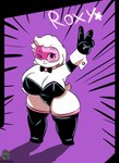 anthro big_breasts bow_tie breasts clothed clothing eyewear female fur goggles short_stack smile solo suit text white_body white_fur tuffthecat roxy_(senorkah) lagomorph leporid mammal rabbit hi_res