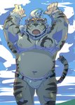 anthro belly bulge clothing humanoid_hands kemono male moobs nipples overweight overweight_anthro overweight_male solo swimwear train_(artist) lifewonders tokyo_afterschool_summoners hombre_tigre_(tas) felid mammal pantherine tiger 2020 hi_res