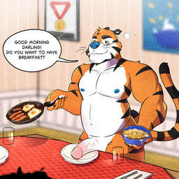 anthro bacon blue_nipples blue_nose claws egg erection food fur genitals humanoid_genitalia humanoid_penis inside male mascot meat milk muscular muscular_anthro muscular_male nipples nude orange_body pecs penis smile solo stripes tail text vein veiny_penis white_body thiagoefrancesco frosted_flakes kellogg's tony_the_tiger felid mammal pantherine tiger 1:1 absurd_res english_text hi_res