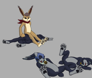 anthro armor clothing combat_helmet dipstick_ears ear_markings featureless_crotch fluffy fluffy_tail group hair headgear helmet jewelry kerchief lying markings multicolored_ears necklace on_back paws simple_background sitting tail tongue tongue_out analpaladin monster_rancher tecmo evil_hare_(monster_rancher) hare hare_(monster_rancher) lagomorph leporid mammal monster