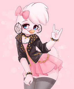 alternative_fashion anthro anthrofied beak blue_eyes bottomwear bracelet chain_jewelry clothed clothing devil_horns_(gesture) ear_piercing ear_ring female fully_clothed gesture glamrock hand_gesture jacket jewelry looking_at_viewer piercing pink_bottomwear pink_bow pink_clothing pink_skirt punk ring_piercing skirt solo topwear valeria_fills five_nights_at_freddy's five_nights_at_freddy's:_security_breach scottgames steel_wool_studios glamrock_chica avian bird chicken galliform phasianid 2023 5:6 digital_media_(artwork) pink_theme