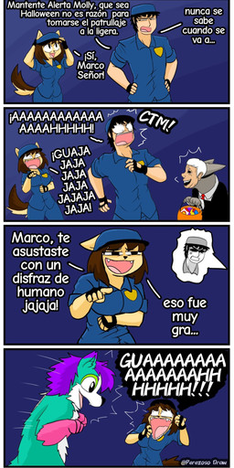 anthro arm_under_breasts big_breasts black_eyes blue_body blue_fur border breasts brown_hair candy candy_bag clothing command costume cross-popping_vein cutaway dessert dialogue english_honorific expression_cutaway fangs female food fruit fur fursuit gesture grey_body grey_fur group hair half-closed_eyes hand_gesture hat headgear headwear holidays honorific human_mask humor iconography interrupted_speech laugh male mask motion_lines multicolored_body multicolored_fur name_drop name_in_dialogue narrowed_eyes pink_body pink_fur plant pointing police police_uniform pumpkin purple_hair scared screaming sharp_teeth short_hair smile talking_to_another tan_body tan_fur teeth text uniform vocalization wearing_mask white_body white_border white_fur white_hair perezoso_draw halloween molly_(perezoso_draw) canid canine canis domestic_dog human mammal absurd_res artist_name comic hi_res spanish_text translated
