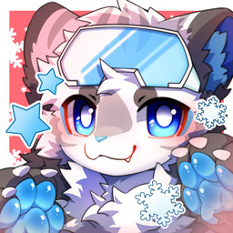 4_fingers :3 anthro biped blue_eyes blue_pawpads blush blush_lines border chest_tuft eyewear eyewear_on_head fangs fingers fur goggles goggles_on_head grey_body grey_fur kemono looking_at_viewer male multicolored_body multicolored_fur neck_tuft pawpads paws red_background simple_background snowflake solo teeth tuft white_body white_border white_fur hlg7777 1:1 2025 bust_portrait cel_shading digital_drawing_(artwork) digital_media_(artwork) hi_res portrait shaded