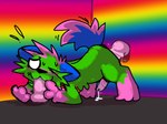 anal anal_penetration blue_ears blue_tail bodily_fluids dildo dildo_fellatio dildo_in_ass dildo_in_mouth dildo_insertion doggystyle empty_eyes erection fellatio feral feral_penetrated from_behind_position fur genital_fluids genitals green_body green_fur hair leaking_precum male male_penetrated markings multicolored_tail no_irises no_pupils object_in_ass one_eye_closed oral oral_penetration penetration penile pink_hair pink_markings pink_paws precum precum_on_ground rainbow_background saliva saliva_on_dildo sex sex_toy sex_toy_fellatio sex_toy_in_ass sex_toy_in_mouth sex_toy_insertion simple_background solo sparklefur sucking_dildo sweat tail tail_motion tailwag white_eyes wink unknown_artist don't_touch_my_pizza_(meme) nyanwolf kevin_(nyanwolf) domestic_cat felid feline felis mammal 4:3