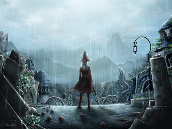 anthro armor bottomwear building clothed clothing debris destruction detailed_background female hair hat headgear headwear lamp lantern long_hair melee_weapon outside polearm raining red_clothing red_hat red_headwear ruins sky solo topwear weapon white_hair 公佳＠コマ割りが出来ない_(artist) final_fantasy final_fantasy_ix square_enix freya_crescent burmecian mammal rodent 4:3