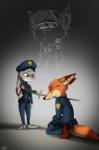 anthro ceremony claws clothed clothing dipstick_ears duo ear_markings eyes_closed female fur hat headgear headwear inner_ear_fluff knighting male melee_weapon multicolored_ears orange_body orange_fur police police_uniform purple_eyes simple_background smile sword tuft uniform weapon young ziegelzeig disney zootopia judy_hopps nick_wilde canid canine fox lagomorph leporid mammal rabbit red_fox true_fox 2018 digital_media_(artwork) hi_res