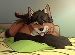 anthro bed black_arms black_legs black_nose fur furniture green_eyes green_pillow happy legs_up male nude one_eye_closed orange_body orange_fur pillow smile solo teeth tongue tongue_out white_body white_fur patrikthedog canid canine fox mammal