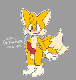 2_tails animal_genitalia animal_penis anthro balls blue_eyes blush canine_genitalia canine_penis clothing crotch_tuft dipstick_tail footwear fur genitals gloves handwear knot male markings multi_tail navel penis socks solo tail tail_markings tuft yellow_body yellow_fur aroohwahoou sega sonic_the_hedgehog_(series) miles_prower canid canine fox mammal 2023 dated