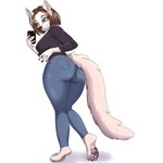 anthro big_butt blue_eyes bottomwear butt butt_pose cellphone clothing denim denim_bottomwear denim_clothing electronics feet female hindpaw jeans low-angle_view pants pawpads paws phone pose simple_background smartphone solo white_background moirah samsung_sam canid canine canis mammal wolf 1:1 hi_res