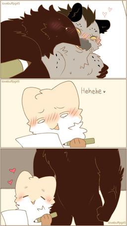 anthro anthro_on_anthro black_body black_feathers blush caught cross-popping_vein duo empty_eyes eye_contact faceless_anthro faceless_character fantasizing feathers fur giggling grey_body grey_fur grey_mane group heart_reaction holding_object hug hugging_another hugging_from_behind jagged_mouth kissing looking_at_another looking_at_object male male/male mane markings muscular muscular_anthro muscular_male paper smile smirk spots spotted_body spotted_fur standing_behind trio white_eyes lovebuffpg45 wilber_(pegu2726) avian hyena mammal comic hi_res