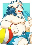 anthro belly blue_body bottomwear clothing food humanoid_hands kemono male moobs nipples overweight overweight_male popsicle shorts sitting solo white_body l3yj2vcknincza7 asian_mythology east_asian_mythology japanese_mythology lifewonders mythology tokyo_afterschool_summoners agyo_(tas) foo_dog komainu mammal yokai 2022 hi_res