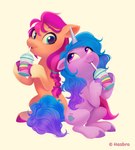 beverage blue_eyes blue_hair braided_hair braided_ponytail container cup cutie_mark drinking drinking_straw duo eye_contact female gradient_hair hair hooves horn looking_at_another ponytail purple_eyes purple_hair simple_background sitting smoothie white_background imalou hasbro mlp_g5 my_little_pony mythology izzy_moonbow_(mlp) sunny_starscout_(mlp) earth_pony equid equine horse mammal mythological_creature mythological_equine pony unicorn