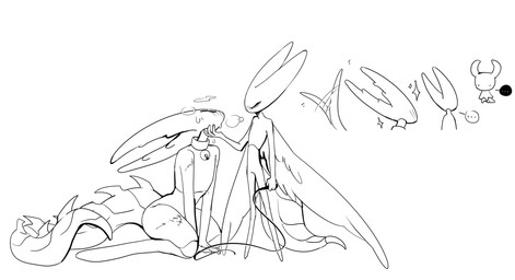 2_horns ambiguous_gender angry anthro arthropod_abdomen arthropod_abdomen_genitalia arthropod_abdomen_penis back_wings bdsm bell bell_collar black_eyes blush blush_lines bodily_fluids bottomless bottomless_anthro breath bruised bruised_arm bruised_leg cloak clothed clothing collar collar_only dot_eyes ellipsis feathered_wings feathers genitals group holding_chin holding_object holding_whip horn kneeling looking_up looking_up_at_partner male male/ambiguous masochism nude penis petplay raised_head roleplay sadism scales sibling_incest simple_background simple_eyes sparkles spiked_tail spikes spikes_(anatomy) spread_wings standing sweat sweatdrop tail tail_motion tailwag thick_tail trio whip whip_mark whip_mark_on_arm whip_mark_on_leg whipped white_background white_body white_cloak white_clothing white_head white_tail white_wings wings jane_mealoth hollow_knight_(franchise) team_cherry hollow_knight_(character) hornet_(hollow_knight) pure_vessel_(hollow_knight) the_knight_(hollow_knight) arthropod insect vessel_(species) 2026 digital_media_(artwork) line_art monochrome female_(lore) half_sister_(lore) incest_(lore) nonbinary_(lore) sibling_(lore) sister_(lore)