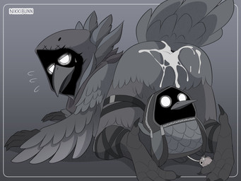 after_sex all_fours ambiguous_gender anthro anus ass_up backpack beak bodily_fluids border butt butt_focus claws clothing cum cum_in_ass cum_inside cum_on_butt embarrassed excessive_cum excessive_genital_fluids feathers feet finger_claws genital_fluids hood kerchief legwear looking_at_viewer looking_back looking_pleasured neckwear open_mouth raised_tail solo straps sweat tail tail_feathers talons text toe_claws toes white_border white_eyes wings nikkibunn epic_games fortnite fortnite:_battle_royale corvus_(fortnite) avian bird corvid corvus_(genus) oscine passerine raven 4:3 artist_name digital_drawing_(artwork) digital_media_(artwork) english_text greyscale hi_res monochrome sketch