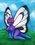 antennae_(anatomy) anthro blue_sky breasts butt fangs female hands_on_ground insect_wings lepidopteran_wings lying meadow nipples nude nude_anthro nude_female on_side outdoor_nudity outside purple_body purple_nipples red_eyes sky smile solo teeth wings trashpandaheals nintendo pokemon butterfree generation_1_pokemon pokemon_(species) hi_res