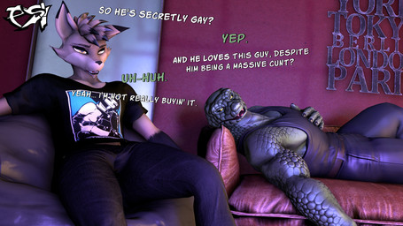 anthro black_body black_clothing black_fur black_highlights black_sclera black_shirt black_tank_top black_topwear bottomwear brown_body brown_fur brown_hair clothed clothed_anthro clothed_male clothing denim denim_bottomwear denim_clothing dialogue duo fur furniture green_body green_scales hair highlights_(coloring) jeans male multicolored_body multicolored_fur multicolored_hair pants scales shirt sofa t-shirt tank_top text topwear two_tone_body two_tone_fur two_tone_hair yellow_eyes psikokinetic petruz_(modeler) warfaremachine_(modeler) isamu_(psikokinetic) psiko_(psikokinetic) canid canine canis jackal mammal reptile scalie snake 16:9 2024 3d_(artwork) 4k absurd_res digital_media_(artwork) english_text hi_res source_filmmaker_(artwork) widescreen